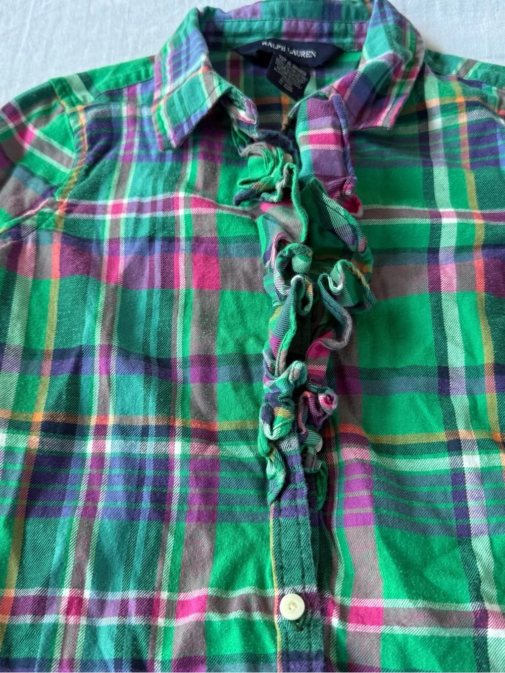 Ralph Lauren Green Plaid Ruffle-Front Button-Down Shirt Size 6